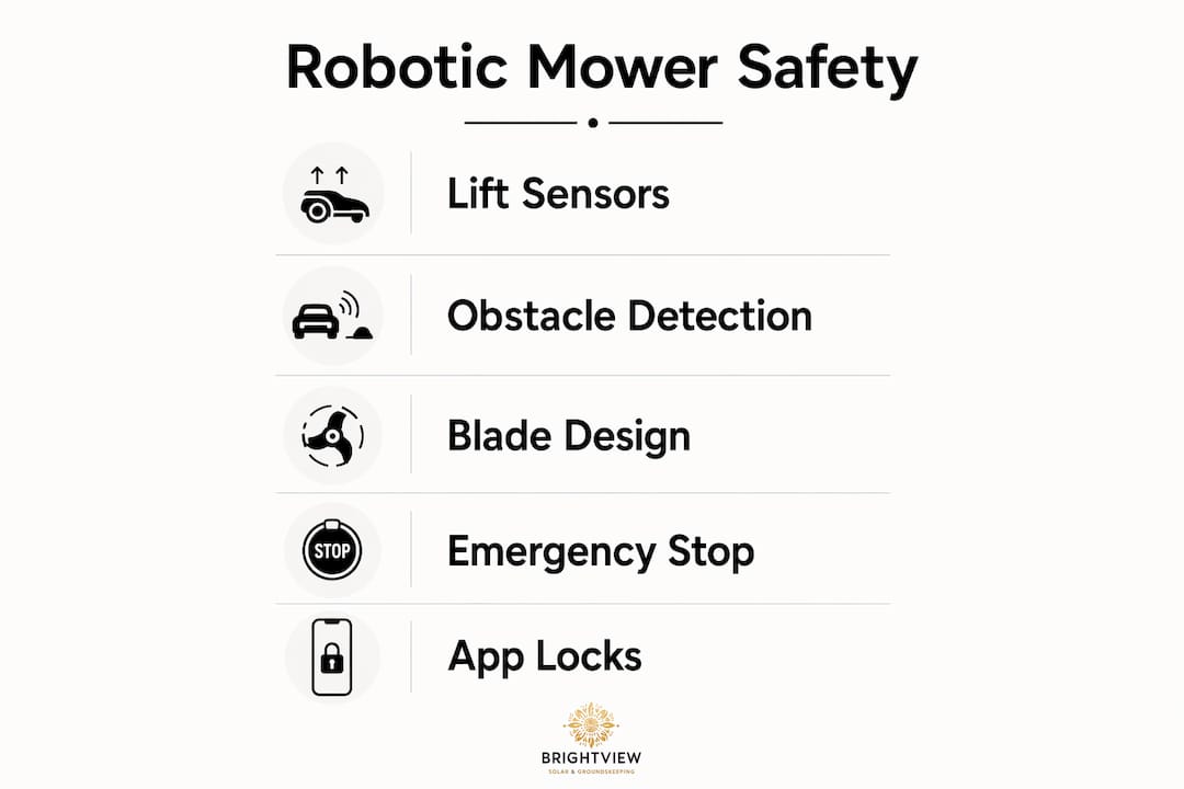 Infographic showing key safety features of robotic lawn mowers