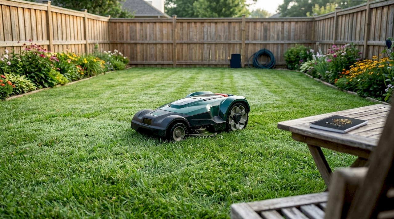 Robotic mower on sloped lawn with grass types
