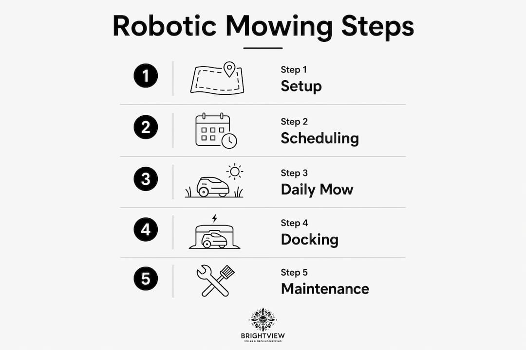 Infographic illustrating robotic mowing service process steps