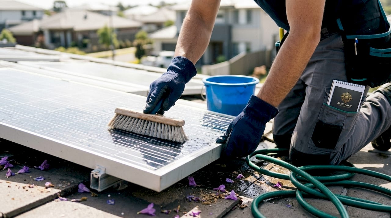 Hands cleaning solar panel with brush