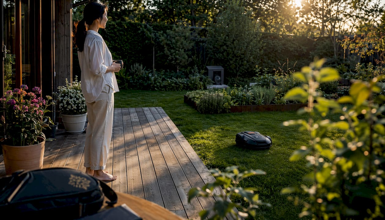 Woman observing robotic lawn mower in yard