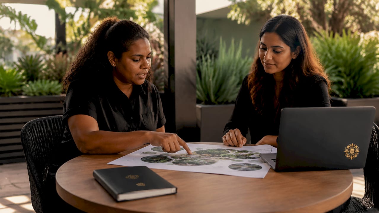 Two women discussing robotic grounds maintenance plans