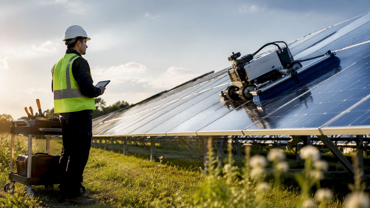 Technician inspecting robotic solar panel cleaner on site