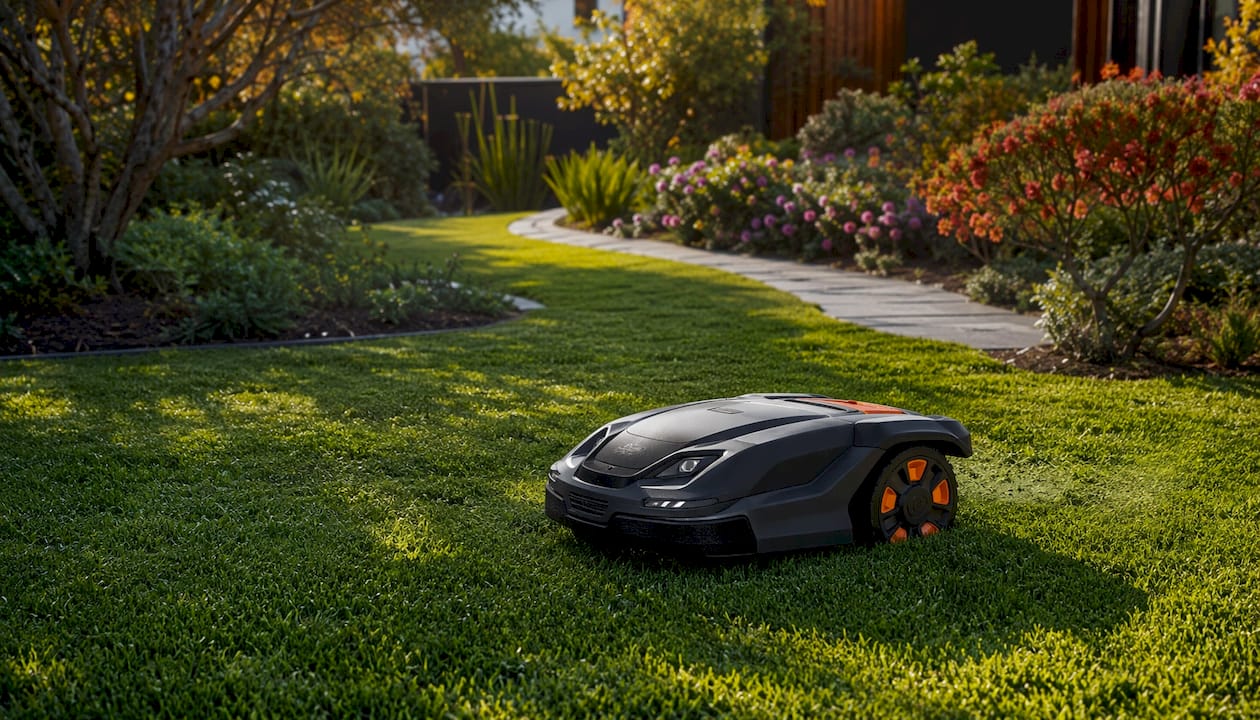 Husqvarna robotic mower on suburban lawn