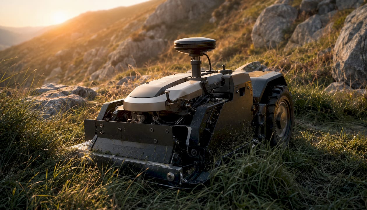 Close side view of robotic mower with navigation hardware