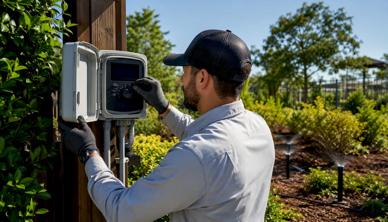 Technician adjusting smart irrigation controller outdoors