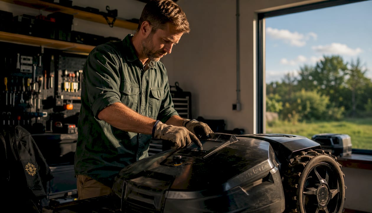 Technician configuring autonomous mower control panel