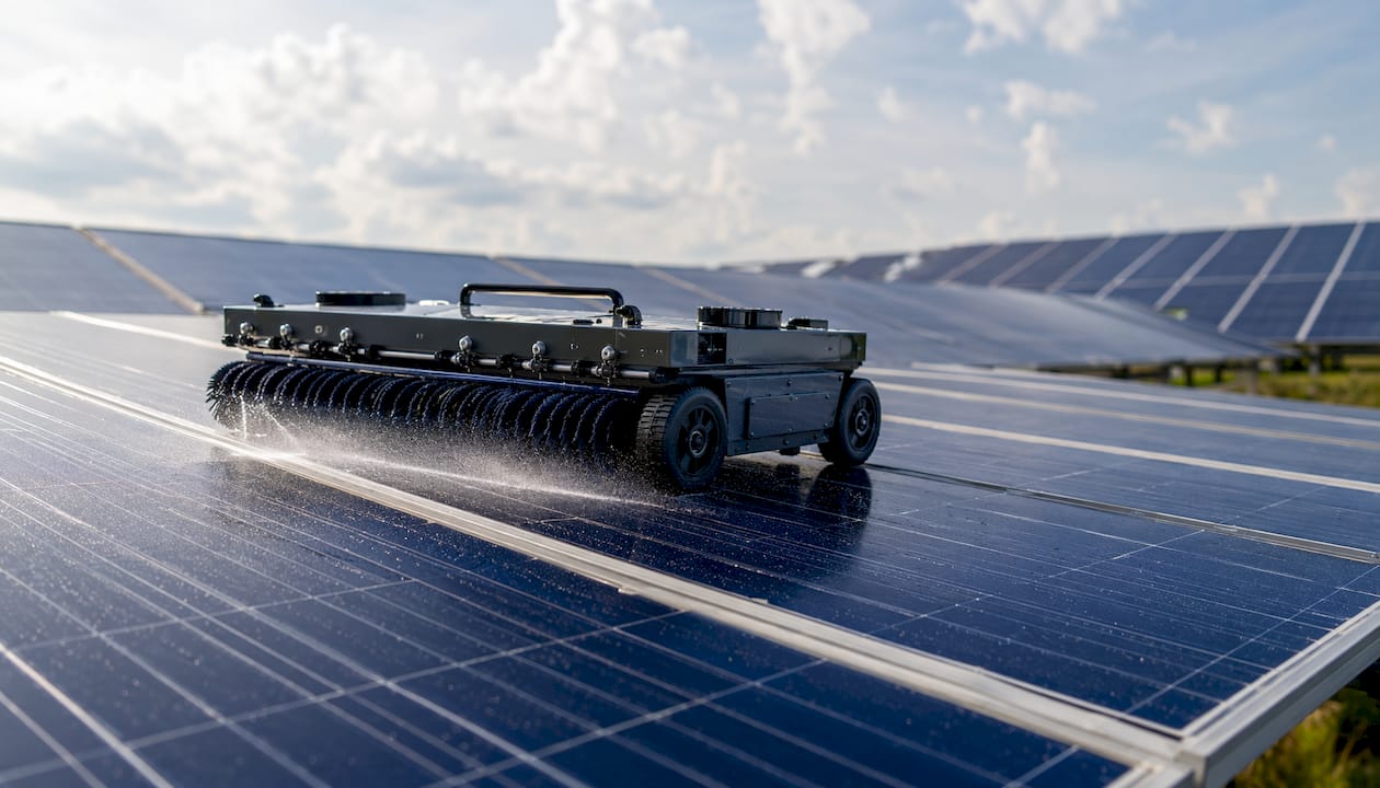 Close-up of robotic solar panel cleaner in action