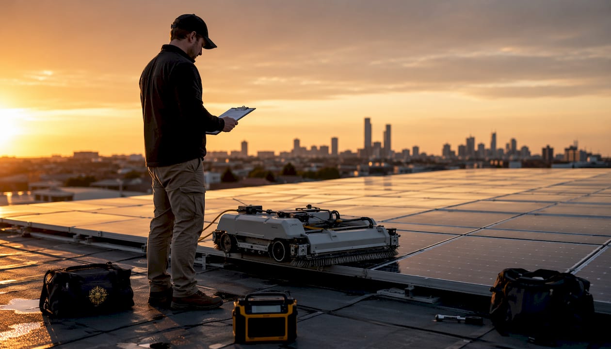 Technician inspecting robotic solar cleaning device outdoors