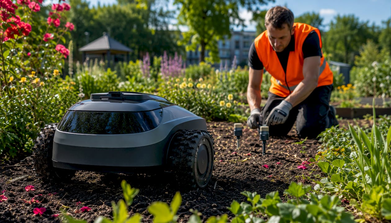 Robotic mower maintaining healthy soil in commercial garden