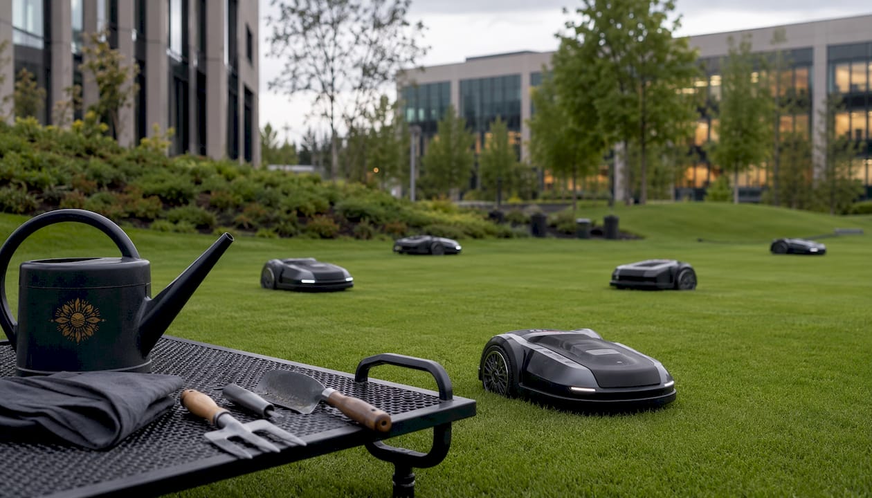 Multiple robotic mowers maintaining commercial lawn