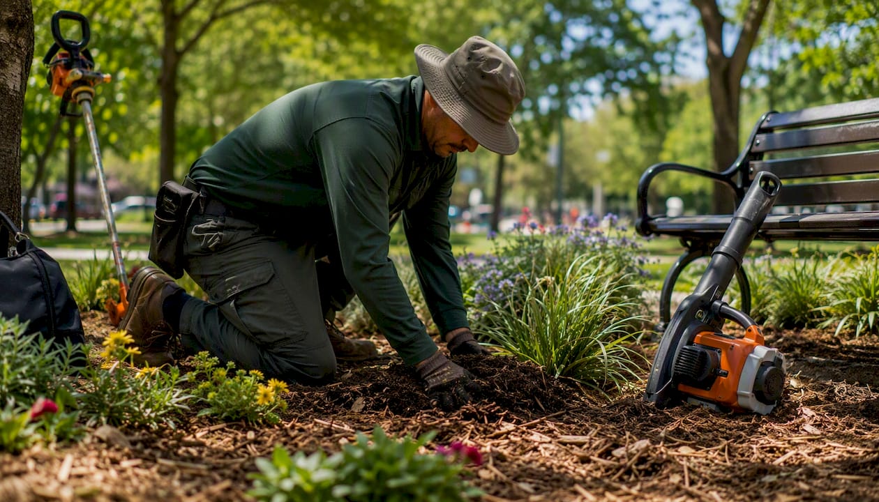 Groundskeeper applying mulch at commercial site