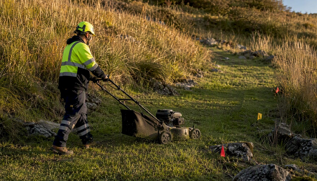 Groundskeeper pushing mower safely across moderate slope