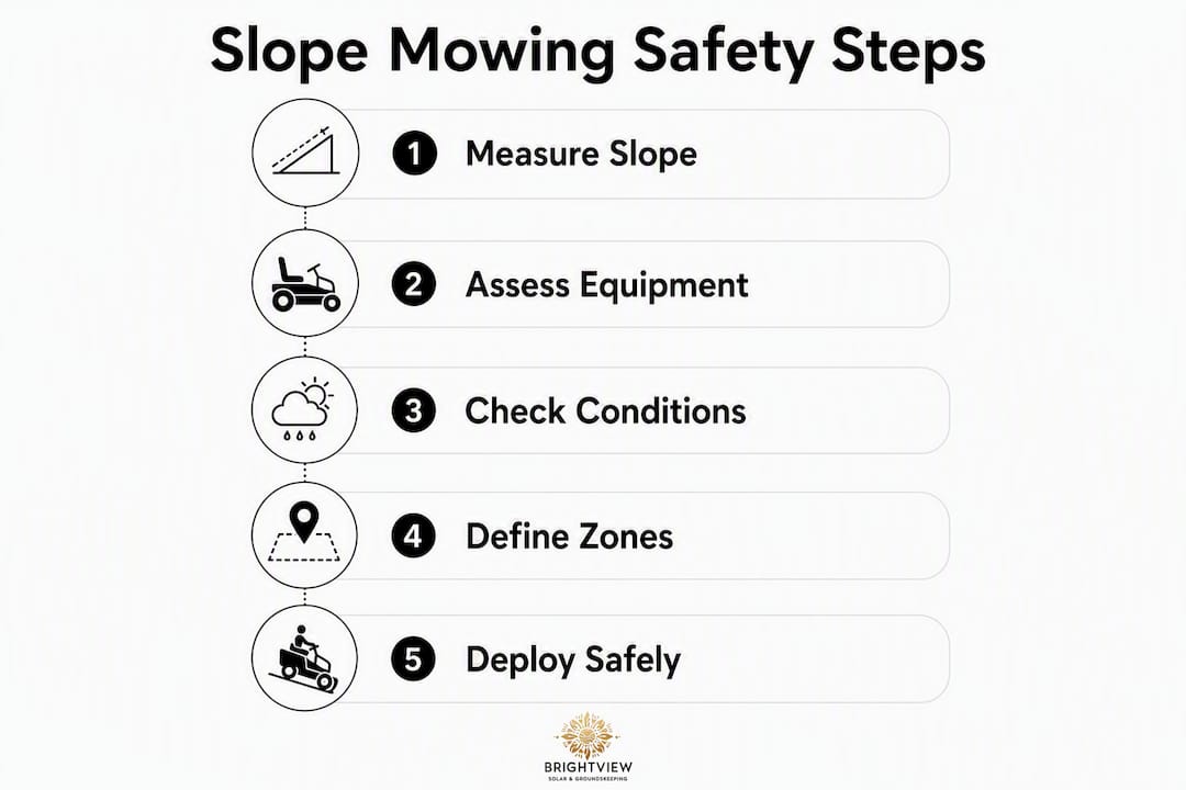 Infographic with steps for safe slope mowing