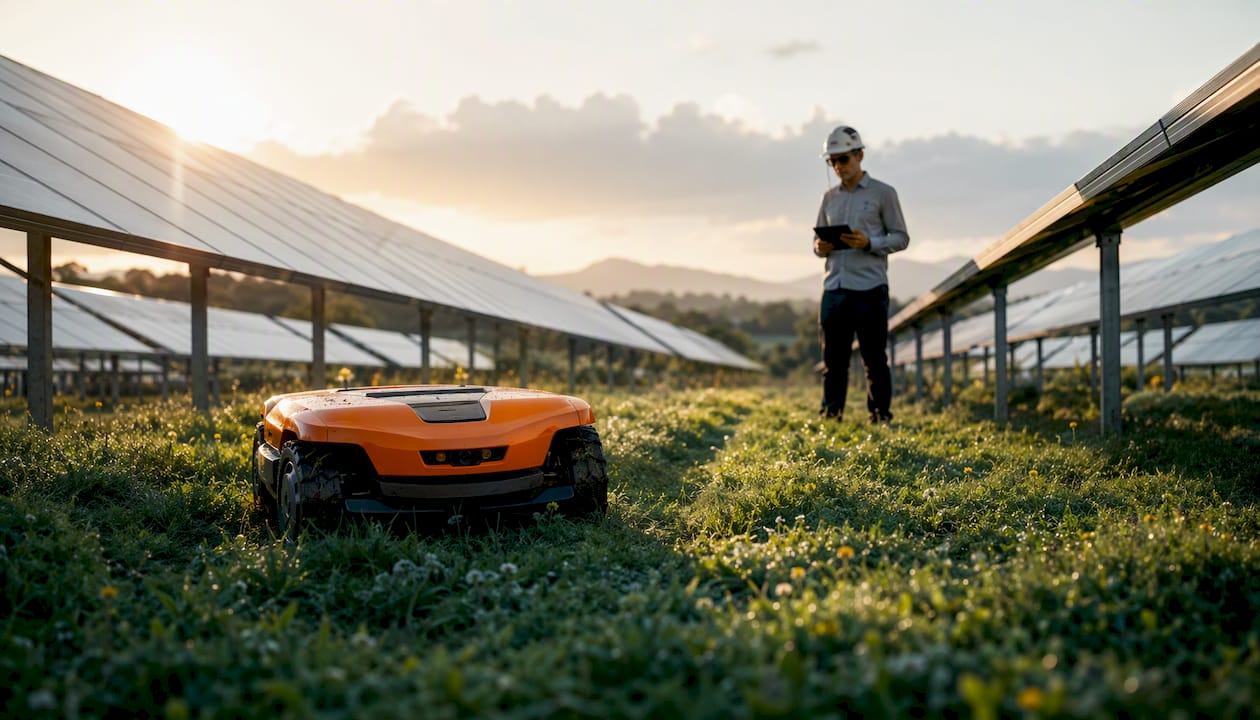 Robotic mower maintaining vegetation under solar panels