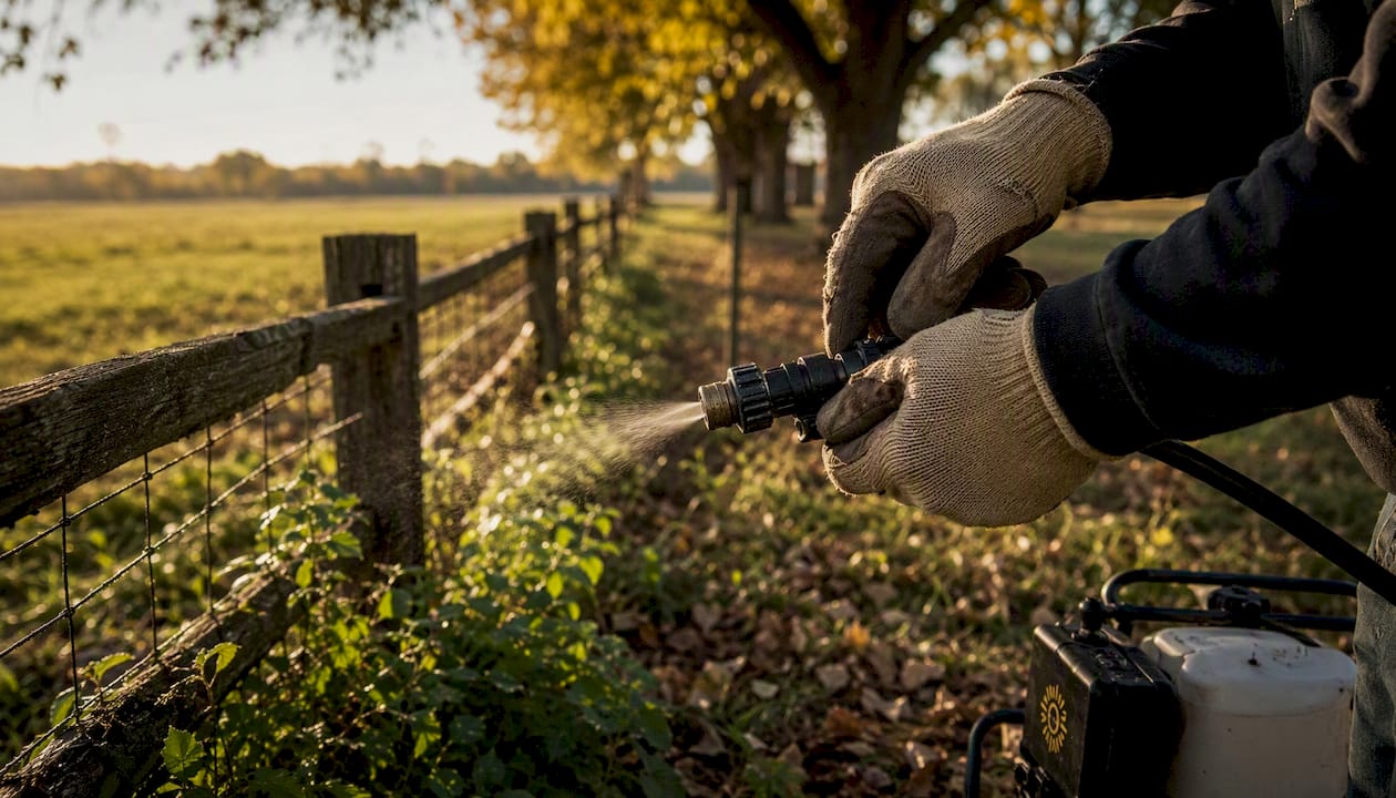 Gloved hands adjusting sprayer on fenceline