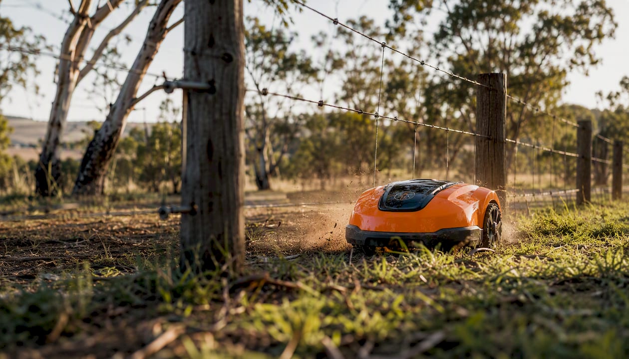 Robotic mower cutting grass under farm fence