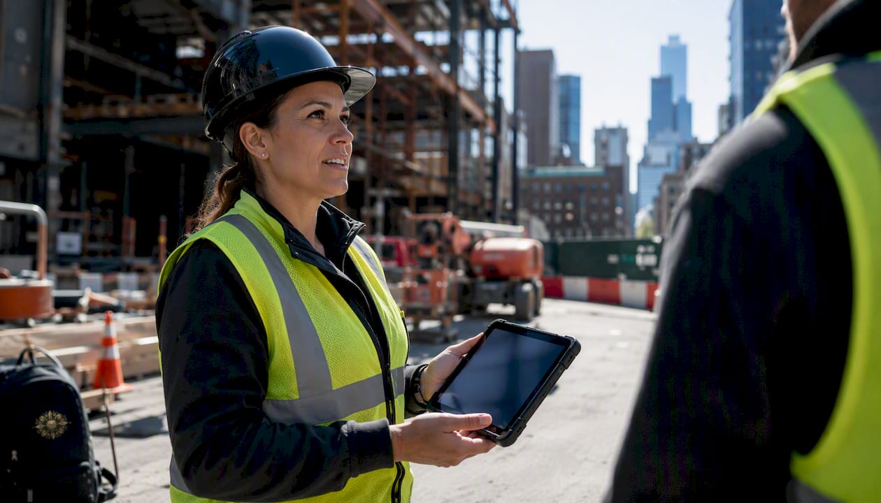 Construction foreperson using tablet onsite