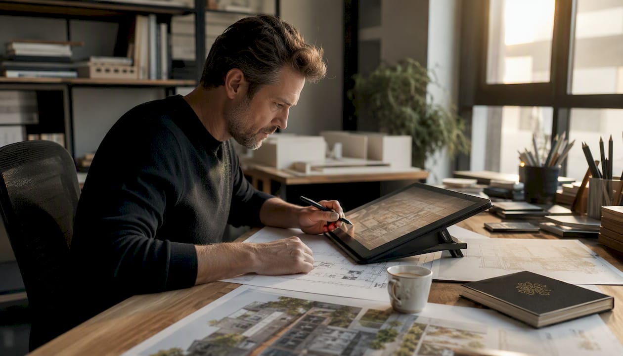Architect's hands drawing on digital tablet