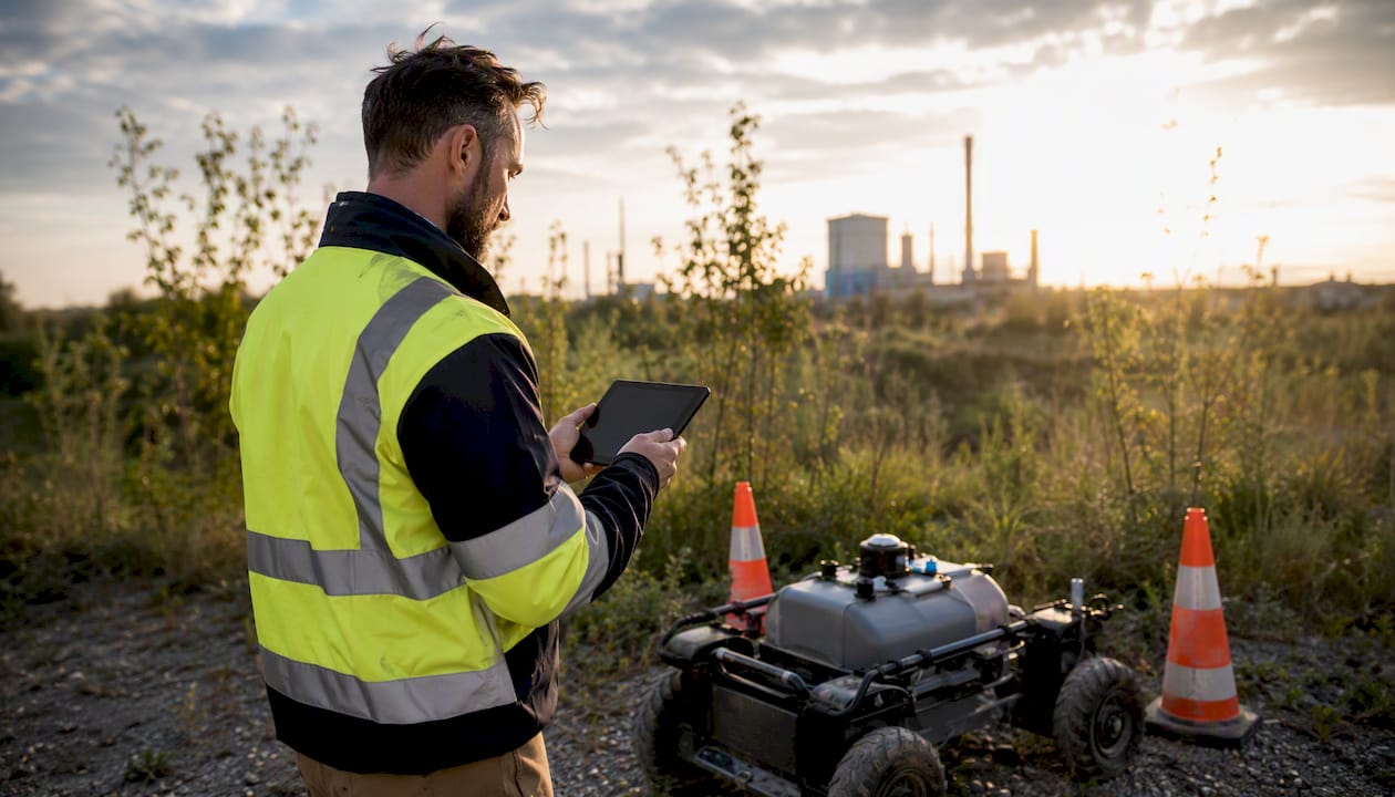 Technician controlling weed spraying robot at commercial site