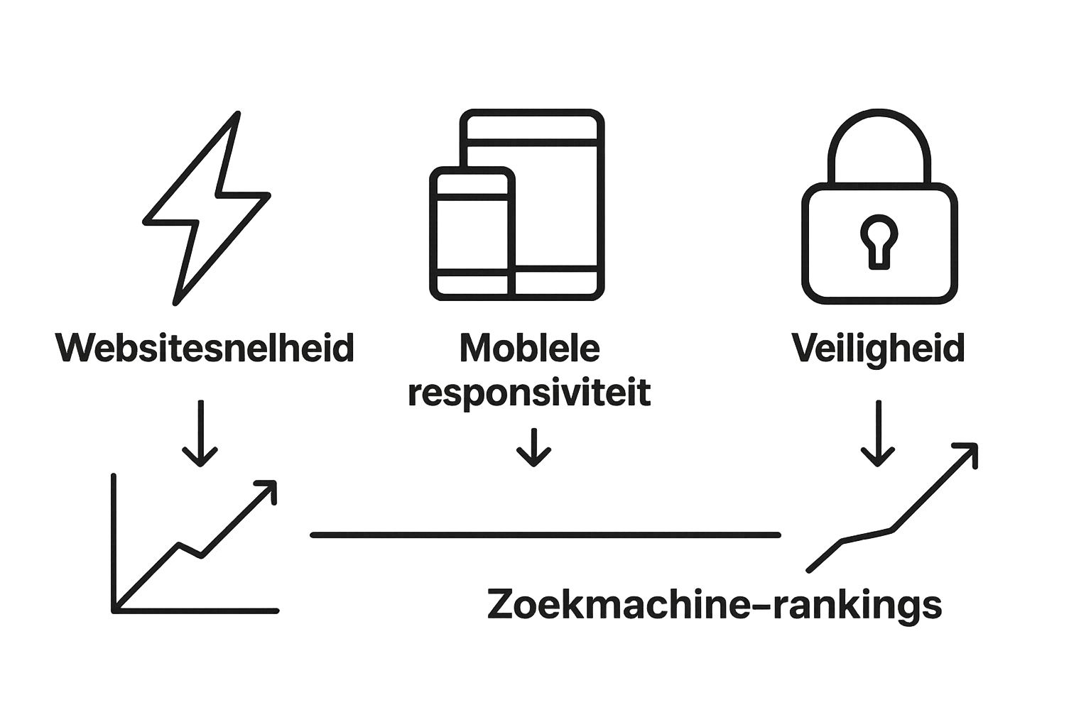 Infographic met iconen voor snelheid, mobiel, veiligheid en hun invloed op SEO