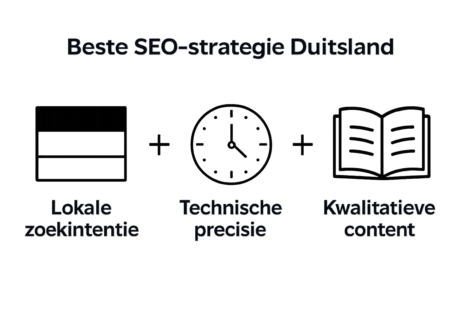 Drie pictogrammen tonen lokale zoekintentie, technische precisie en kwalitatieve content als basis voor Duitsland-SEO
