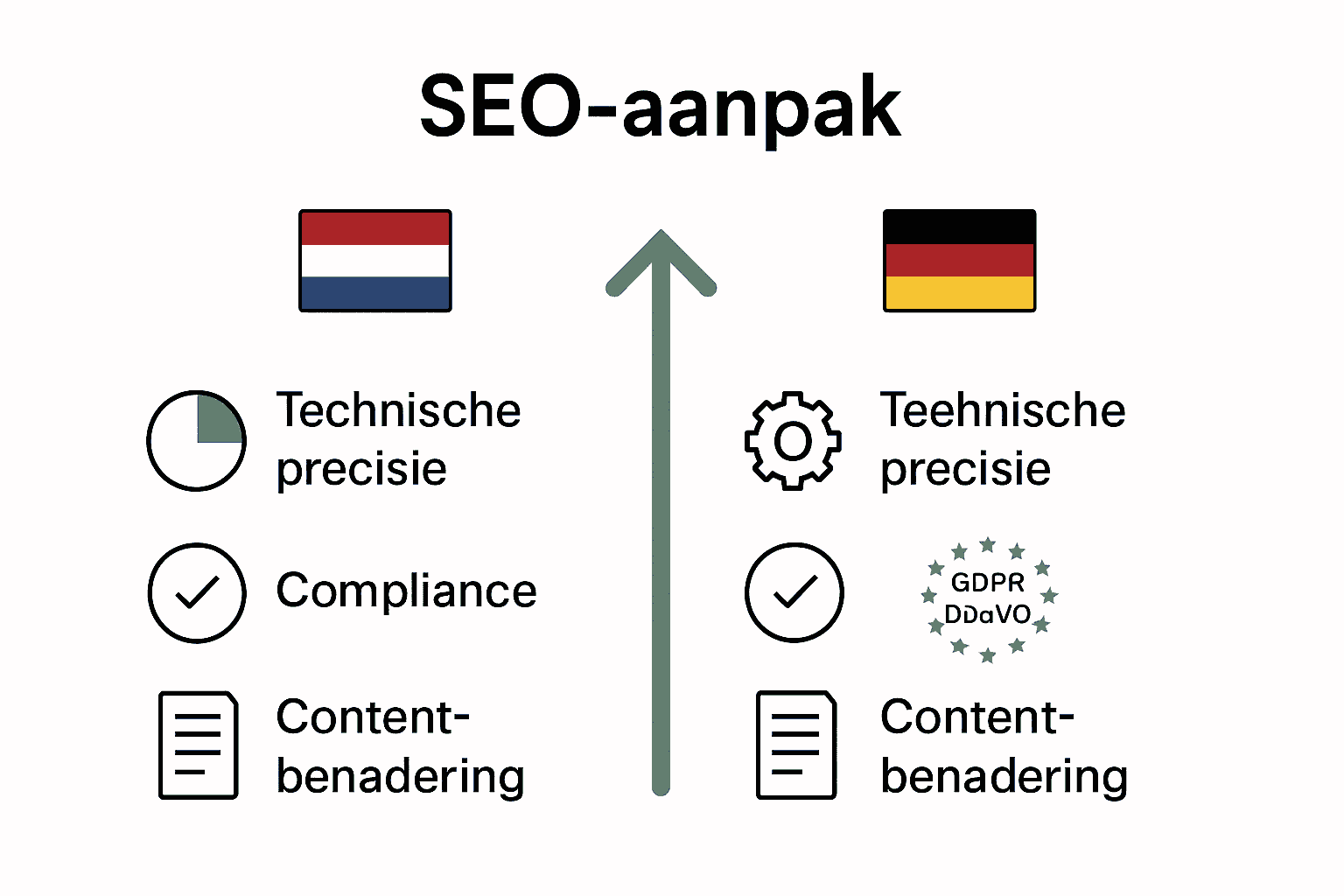 Vergelijking tussen Nederlandse en Duitse SEO aanpak met iconen voor regelgeving en techniek