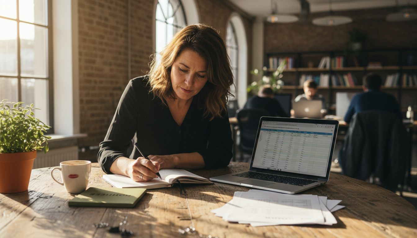 Een vrouw verdiept zich op kantoor in het analyseren van de concurrentie.