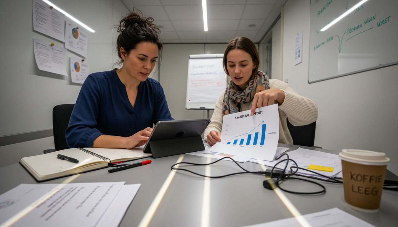 Collega’s overleggen samen over de strategie voor digitale en fysieke verkoop.