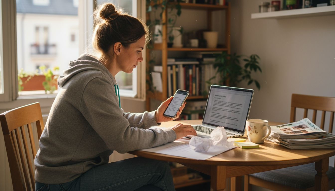 Content creator reviews legal disclaimers at home table