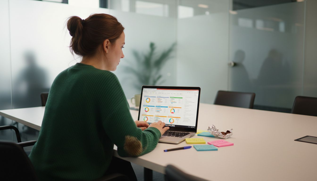 Een vrouw bekijkt tijdens een vergadering aandachtig het KPI-dashboard om de prestaties van het team te bespreken.