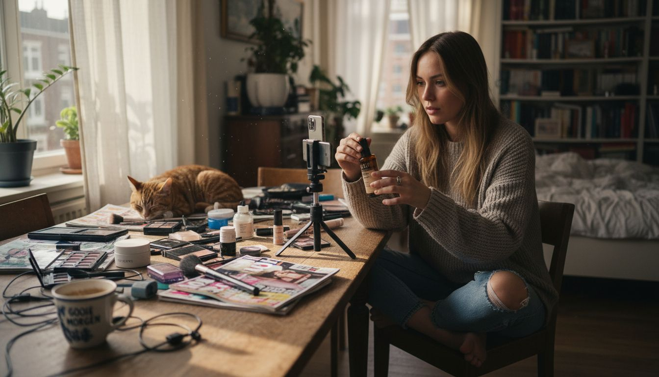 Influencer neemt gesponsorde content op vanuit huis