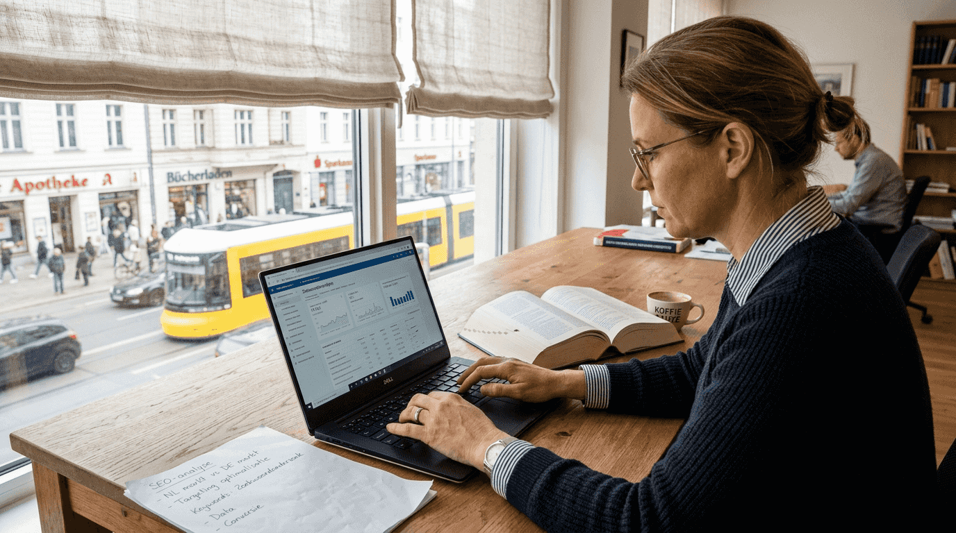 Een vrouw bekijkt en vergelijkt verschillende Duitse SEO-tools op haar laptop.