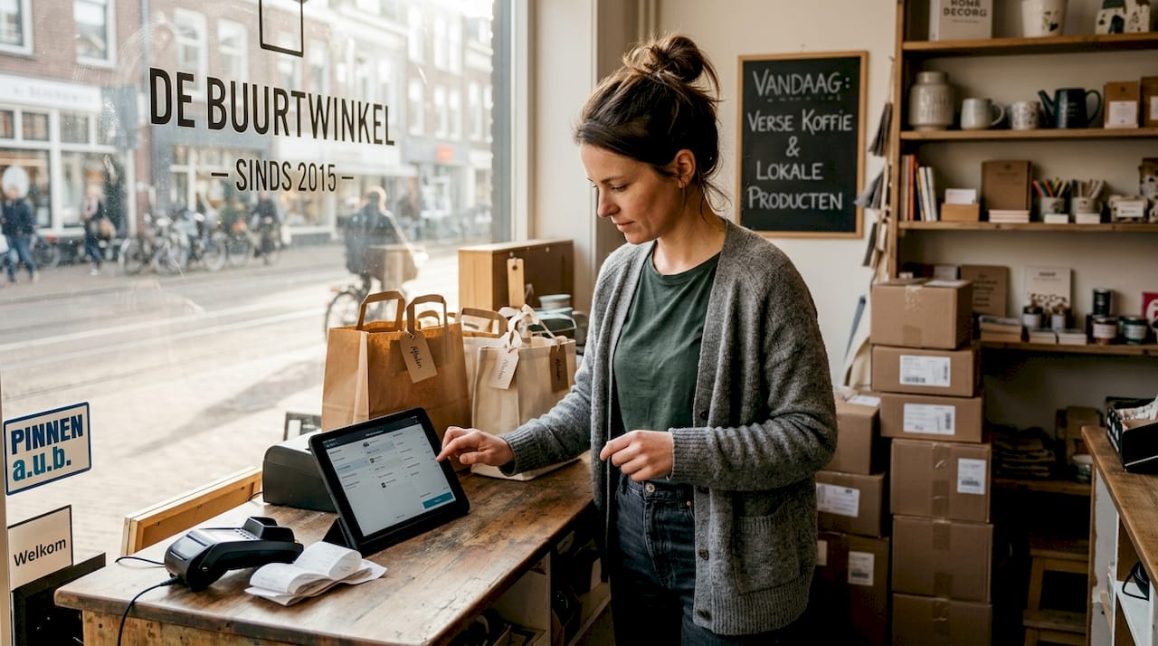 Filiaalmanager die bestellingen voor afhalen in de winkel klaarmaakt
