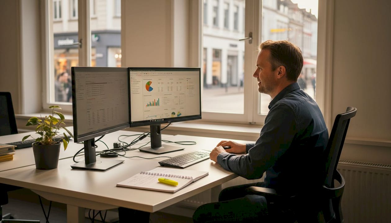 Een SEO-specialist verdiept zich in data op een open kantoorvloer.