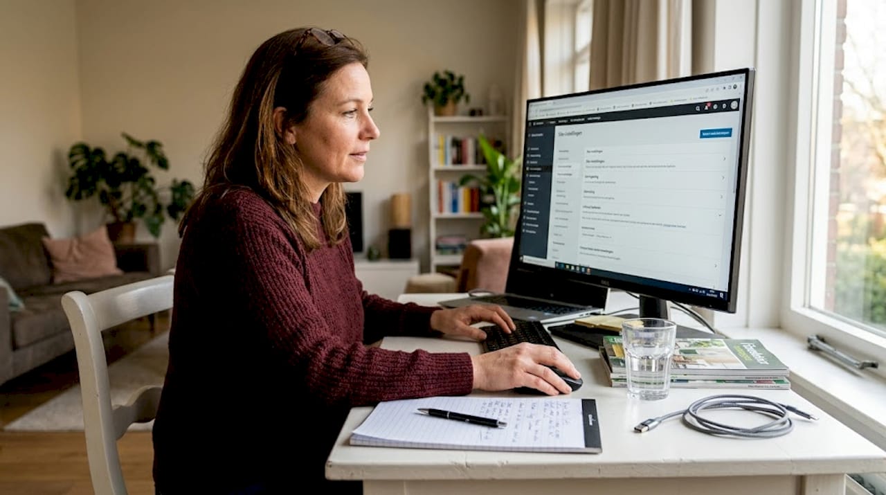 Een webshop eigenaar die thuis de instellingen van zijn site aanpast.
