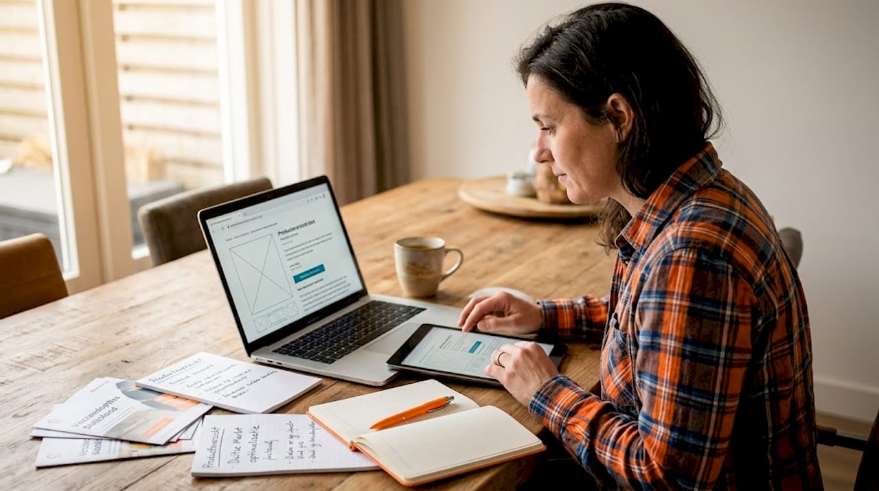 Een vrouw vergelijkt verschillende productpagina’s terwijl ze thuis aan haar bureau werkt.