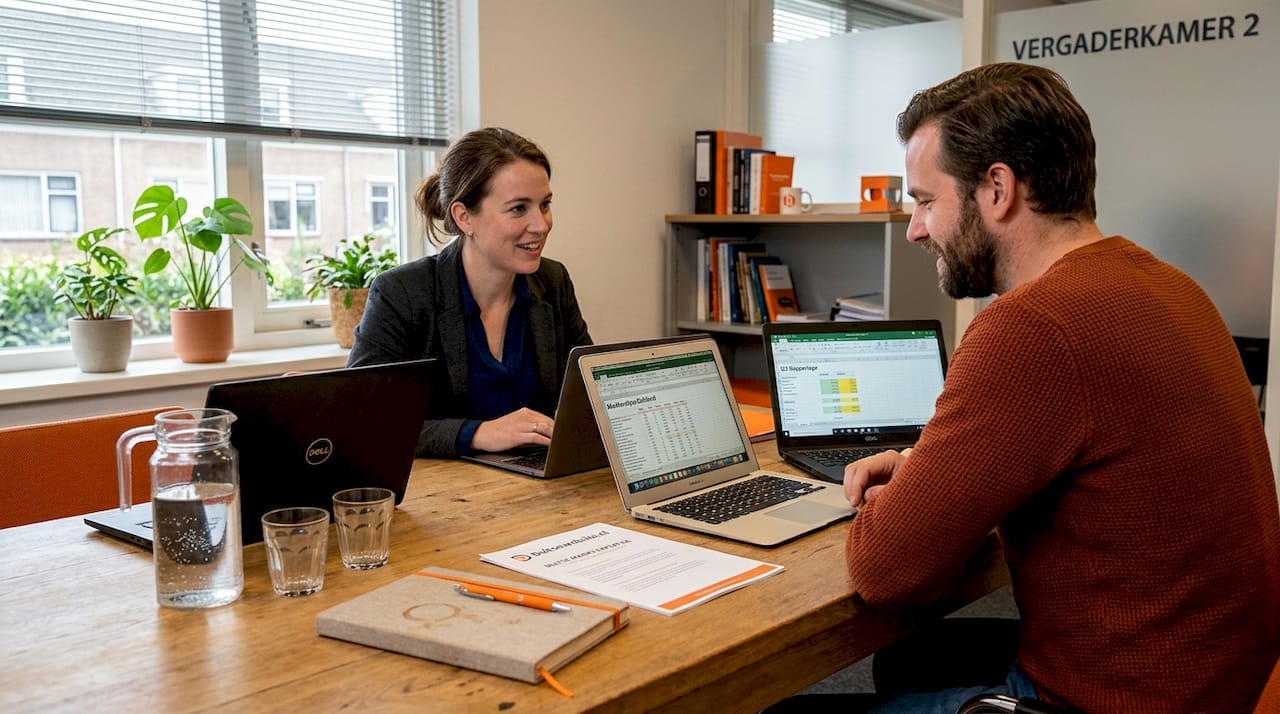 Het team zit samen om de resultaten van de online marketing door te nemen.