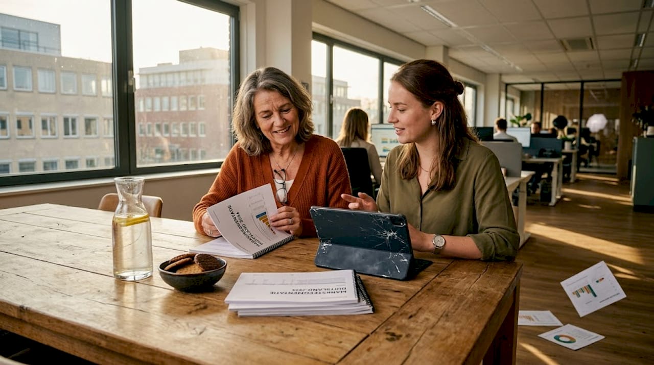 Collega’s zitten samen aan de vergadertafel om het segmentatierapport te bespreken.
