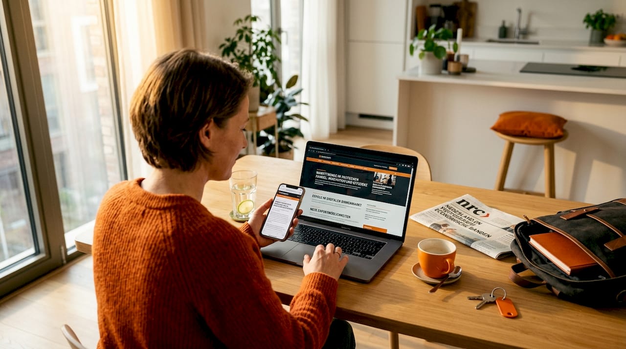 Aan de keukentafel werkt een vrouw op haar mobiel aan het verbeteren van haar website.