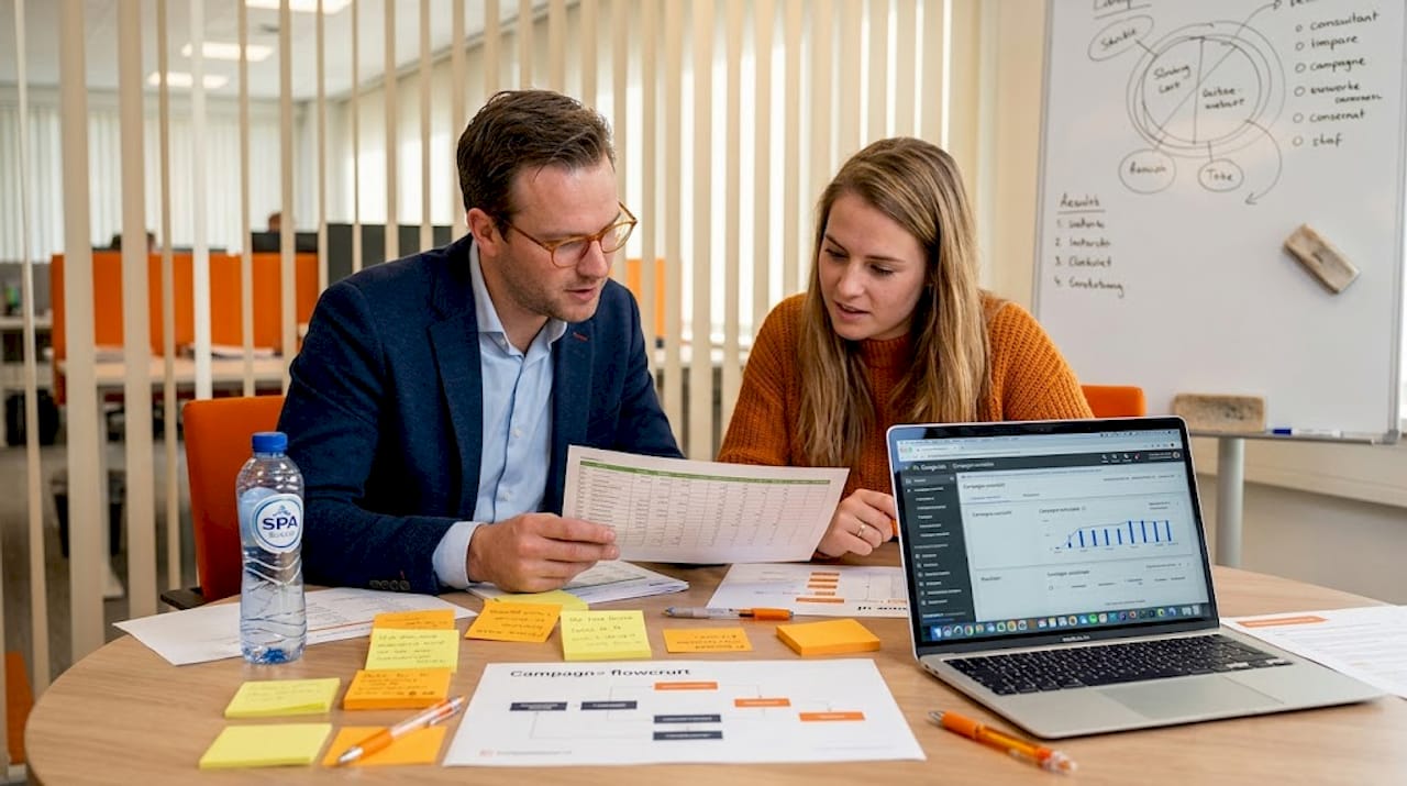 Teamleden overleggen over de opzet van een Google Ads-campagne