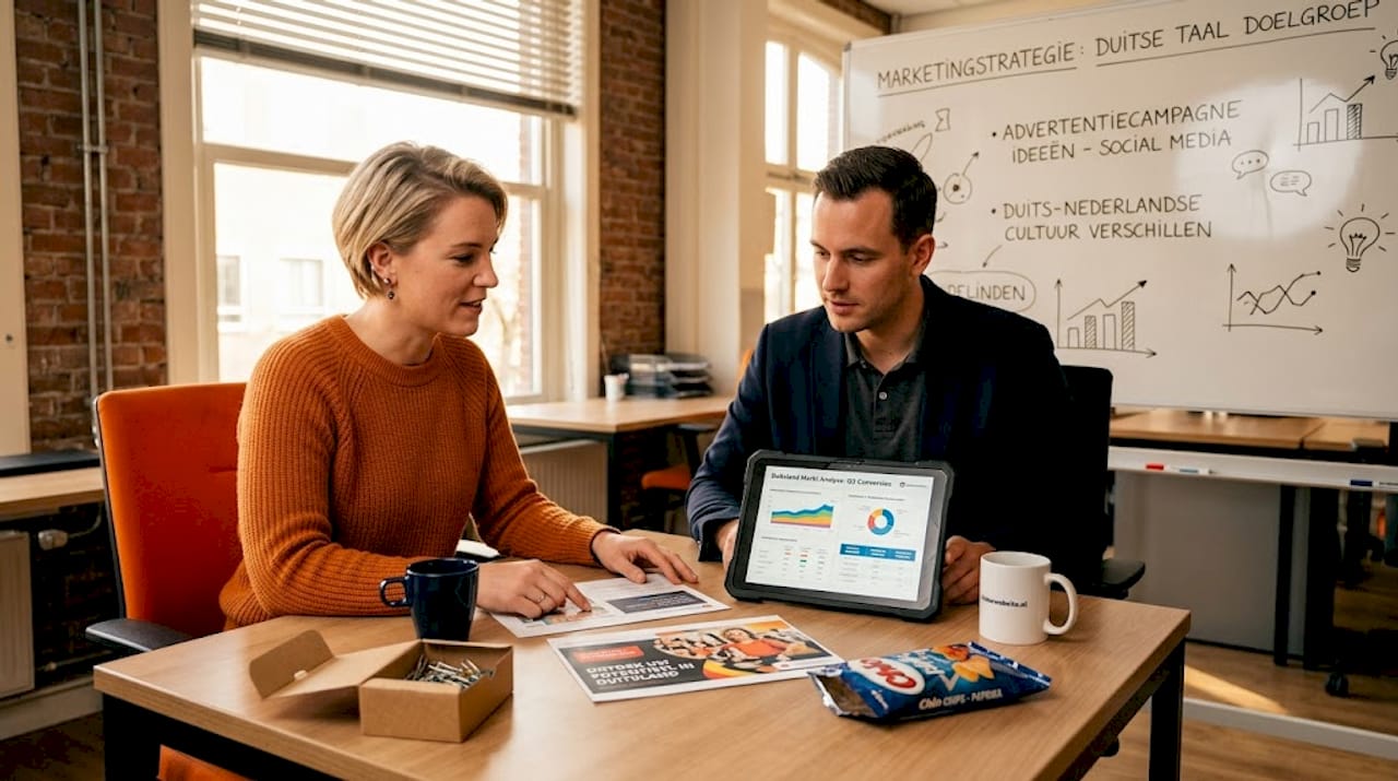 Twee collega's zitten samen aan tafel om de campagne voor Duitsland te bespreken.