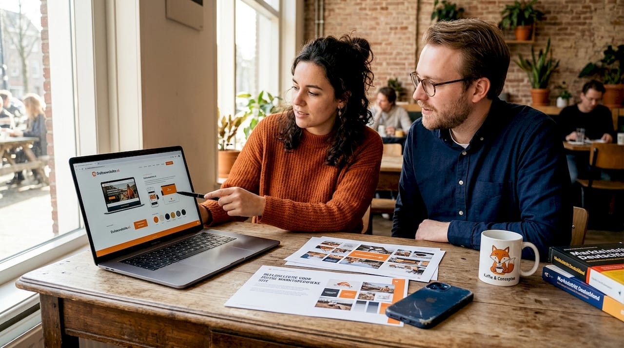 Twee collega's bespreken samen welke foto's ze op kantoor gaan gebruiken.