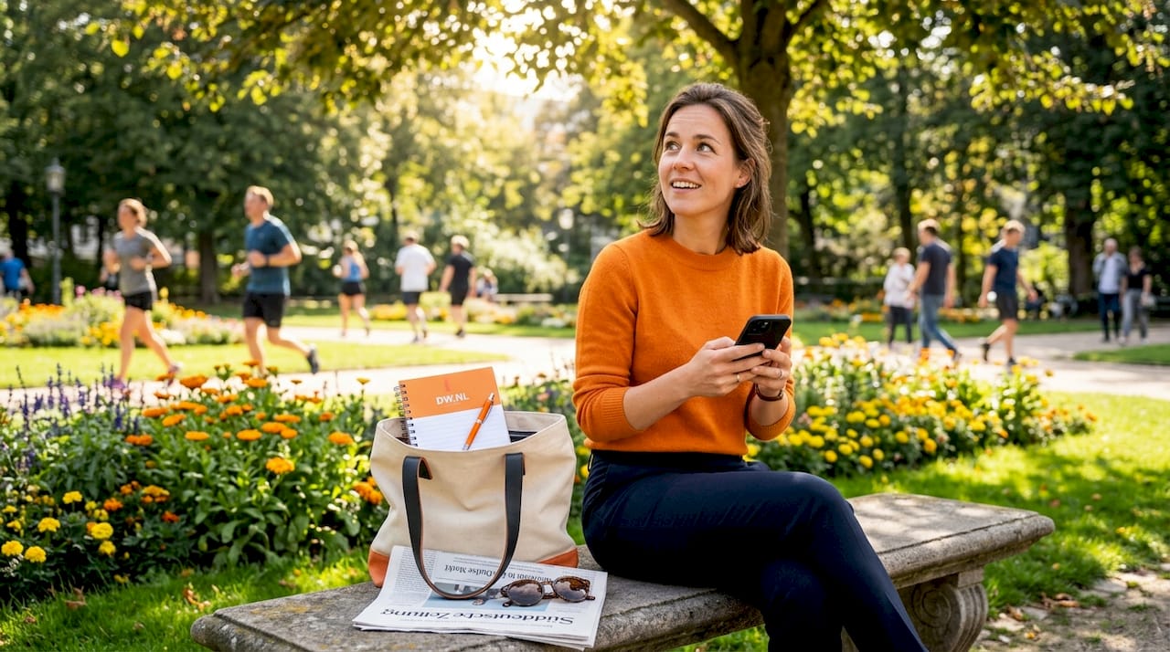 Vrouw scrollt door advertenties op haar smartphone terwijl ze in het park zit.
