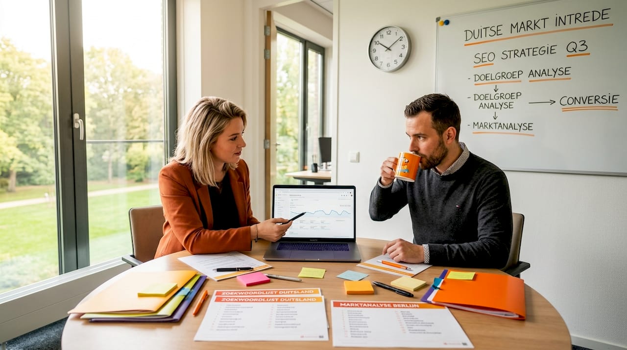 Het team zit samen om ideeën te verzamelen voor een Duitse SEO-campagne.