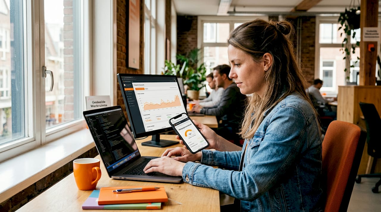 Een webontwikkelaar bekijkt de laadsnelheid van een website en analyseert de prestaties.