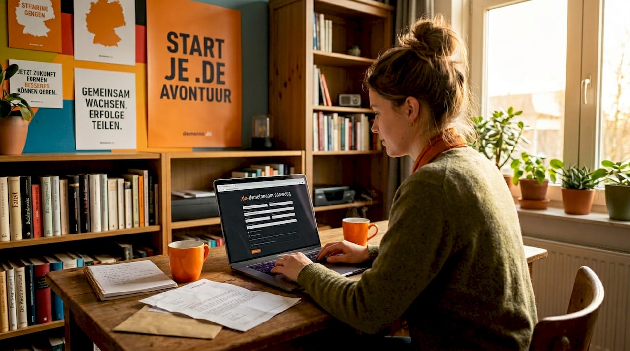 Vrouw bekijkt aanvraag voor .de domeinnaam