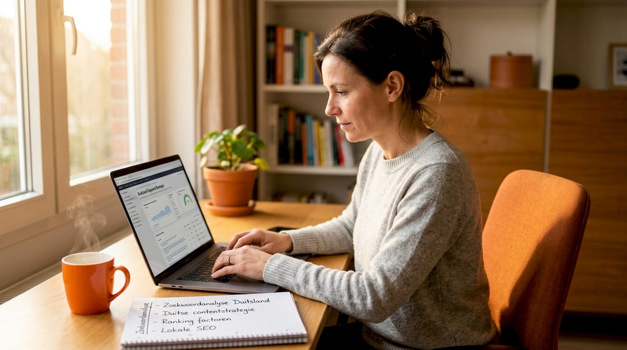 Vrouw werkt aan Duitse SEO-teksten op haar laptop