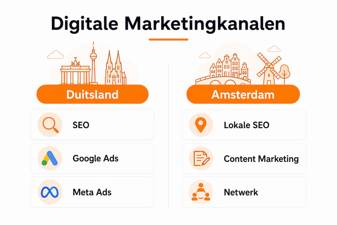 Overzichtelijke infographic waarin de verschillende marketingkanalen in Amsterdam en Duitsland met elkaar worden vergeleken.