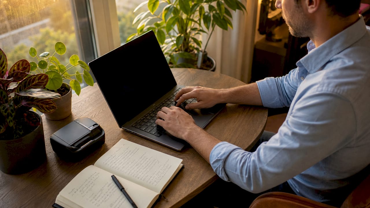 Achter het bureau thuis worden SEO-teksten geschreven in het Nederlands en Duits, terwijl de vingers vlot over het toetsenbord gaan.